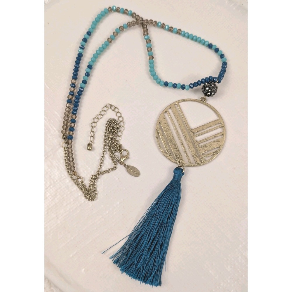 Envious Blue Beaded Tassel Necklace Gold Tone Geometric Pendant Boho 42"